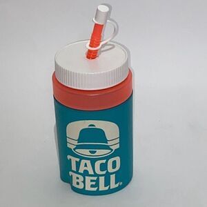 Taco Bell Multicolor 1990's Water Plastic Bottle with Foam Insulation and Straw